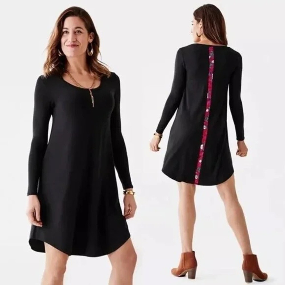 Matilda Jane Womens Black Floral Back Panel Swing Dress Long Sleeve Small
